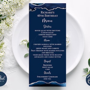 blauwe en zilveren menukaartsjabloon, bewerkbare evenementmenukaart, afdrukbare menukaart, dinermenukaart, agaatmenukaart, verjaardagsmenu's tfp22