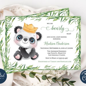 Panda babyshower uitnodigingssjabloon, bewerkbare jongen babyshower uitnodigingen, afdrukbare panda bamboe babyshower uitnodigingen, uitnodiging panda