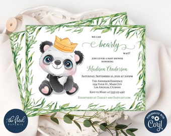 May include: A rectangular baby shower invitation card featuring a watercolor panda wearing a gold crown, surrounded by a green leaf border. The text reads: We can bearly wait! Join us for a baby shower honoring Madison Anderson, Saturday, September 10, 202X at 2:00PM, The Anderson Residence, 1234 Your St., Main City, Los Angeles, CA 90001, RSVP to Mary at (333) 123-4567, Registered at Target and Babylist.com.