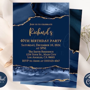 blue and gold birthday invitation template, editable any age birthday invitation, agate invitation, adult birthday, gender neutral invites