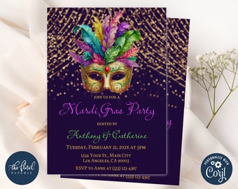 May include: Purple invitation with gold glitter for a Mardi Gras party hosted by Anthony & Catherine. The invitation features a gold and purple masquerade mask with feathers. The text reads "Join us for a Mardi Gras Party" and includes the date, time, and RSVP information.
