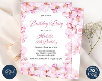 cherry blossom birthday invitation template, editable girl birthday party invites, sakura flowers invites, pink floral invitations tfp18