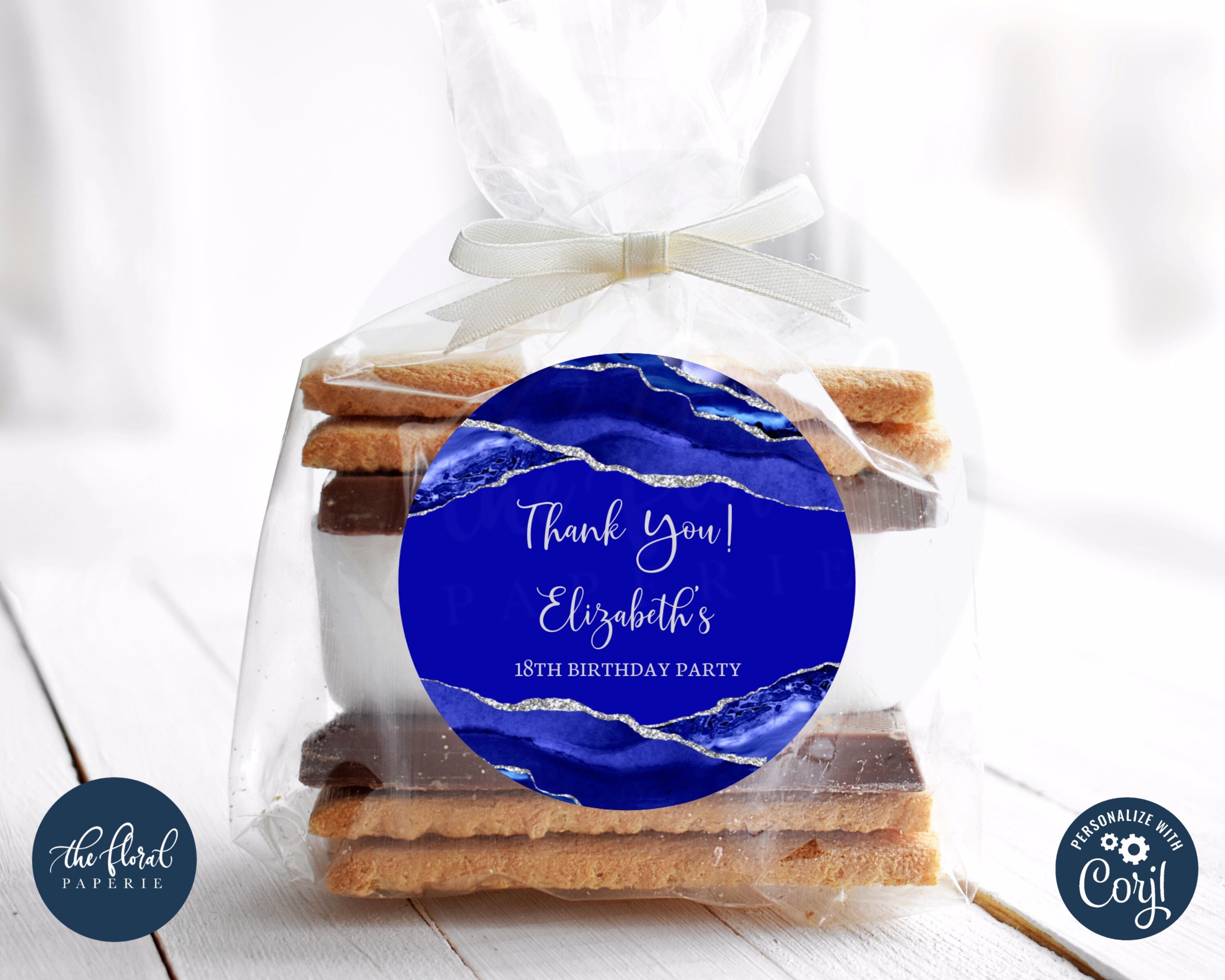 royal blue and silver birthday favor tags template, shades of blue gift tags, birthday favor labels, thank you tags, personalized tags TFP42