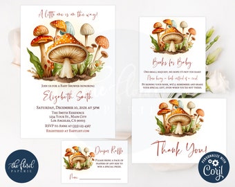 Mushroom Baby Shower Invitation Template, Woodland Invite Bundle (Digital Download)
