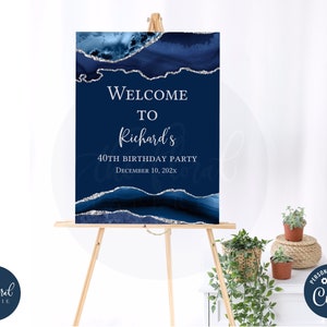 blue and silver birthday Welcome Sign template, birthday welcome sign poster, printable shades of blue welcome sign, reception sign TFP22