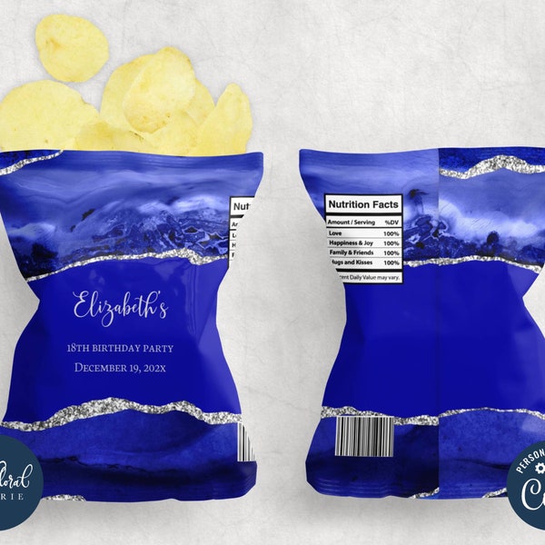 royal blue and silver chip bag template, blue potato chip bag wrapper, printable potato chips party favor, custom chip bag template tfp42