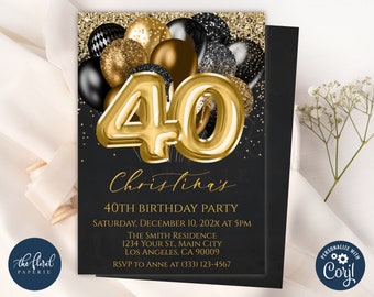 40th birthday invitation template, editable black and gold birthday invite, balloons birthday party invites, adult party invite, 40 birthday