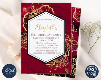 Burgundy And Gold Floral Birthday Invitation Template, Editable Party Invite (Digital Download)