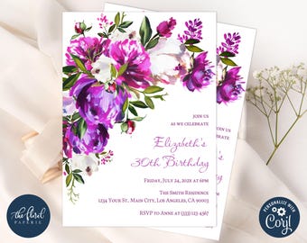 Purple Floral Birthday Invitation Template, Purple and White Flowers Party Invite (Digital Download)