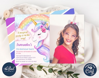 unicorn birthday invitation template, girl birthday party invitation, printable unicorn birthday invites, unicorn invitation with photo