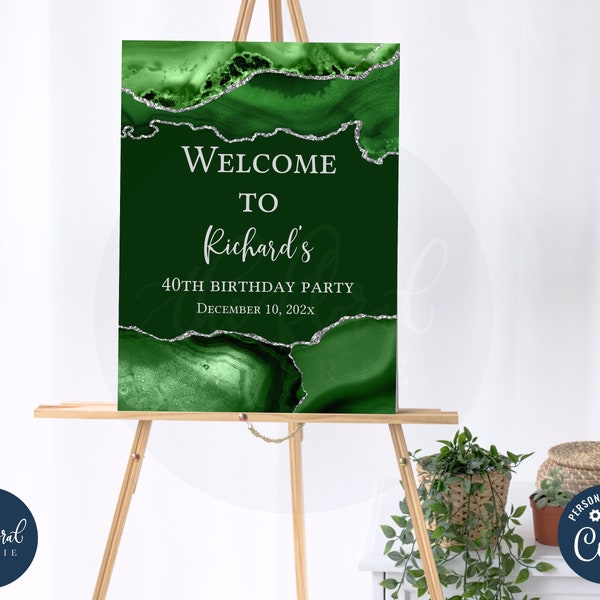 green and silver birthday Welcome Sign template, printable birthday welcome sign poster, adult birthday,  party decor, reception sign tfp25