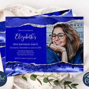 royal blue and silver birthday invitation template, any age birthday invitation, agate invitation, shades of blue photo invitation TFP42