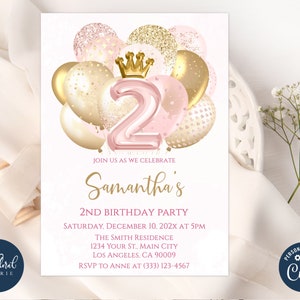 2nd birthday invitation template, editable blush and gold princess birthday invites, balloons birthday party invites, girl birthday party
