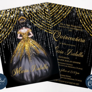 black and gold quinceanera invitation template, editable 15th birthday invitations, fifteen birthday invites, black and gold quince invites,