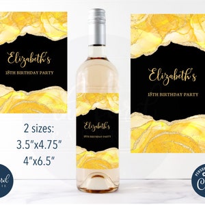 printable wine label template, editable yellow and black agate wine bottle label, wine bottle sticker, event party favor, wine favor tfp34