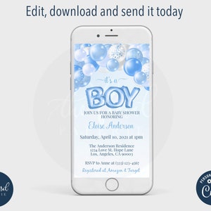 its a boy baby shower text invitation template, editable balloon baby shower text invite, digital invitation, phone text invitation TFP15