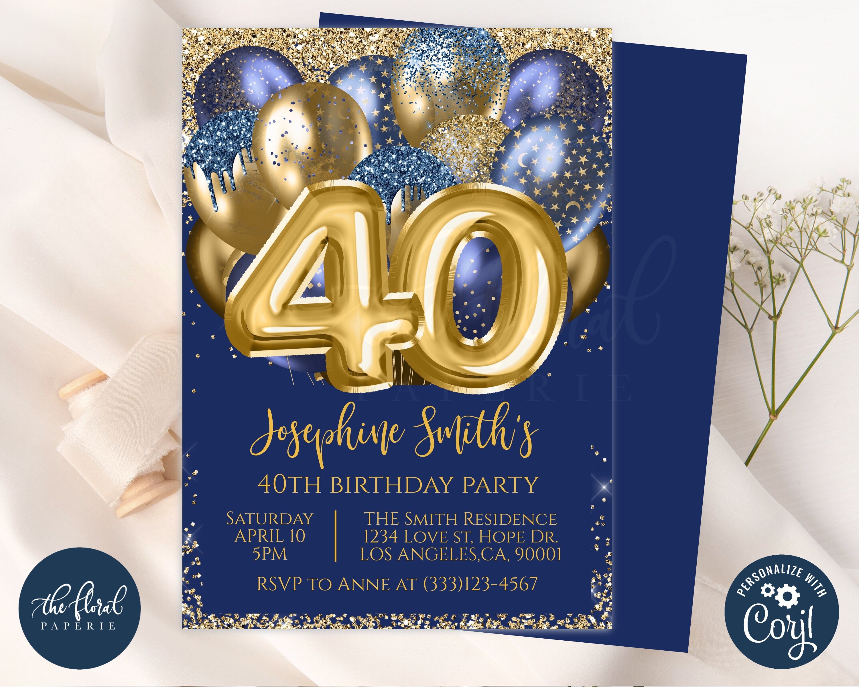 40th Birthday Invitation Template Editable Navy Blue and Gold Etsy