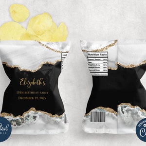May include: Chip bag favor with a black and white marble design with gold glitter accents. The bag is personalized with the text "Elizabeth's 18th Birthday Party December 19, 202x".