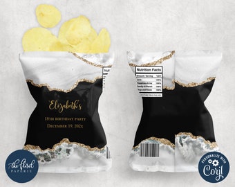 black and white chip bag template, editable potato chip bag wrapper, printable agate potato chips party favor label, custom chip bag TFP28