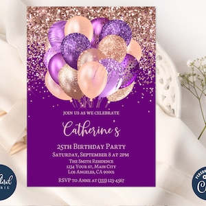 purple and rose gold invitation template, editable birthday invitations, balloons birthday party invites, adult birthday, women birthday