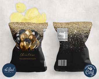black and gold chip bag template, editable potato chip bag wrapper, printable potato chips party favor labels, custom chip bag template
