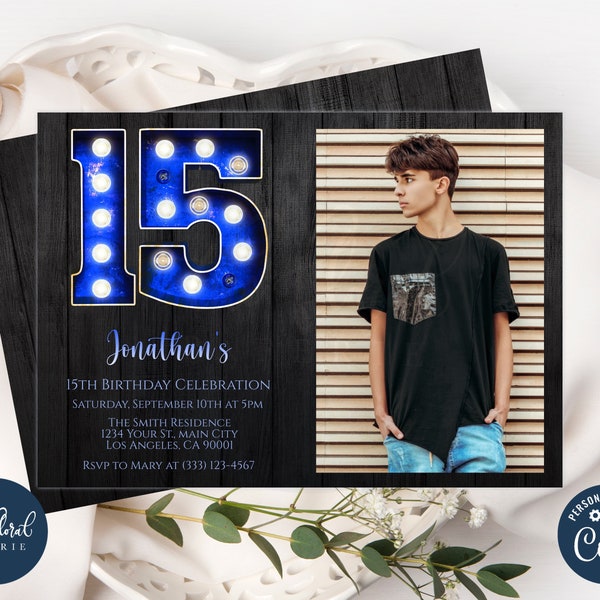 15th birthday invitation template, editable 15th birthday blue and black birthday invite, marquee birthday party invites, boy birthday party