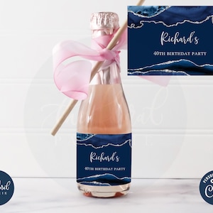 blue and silver mini champagne label template, editable wine bottle labels, printable wine bottle stickers, party favor, wedding favor TFP22