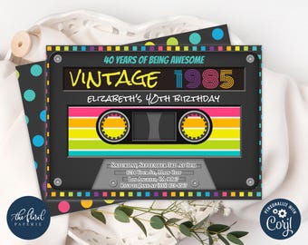 80s birthday invitation template, editable any age birthday invitation, cassette tape invitation, adult birthday, cassette tape invites