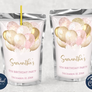 blush en goud labelsjabloon sap, bewerkbaar sapzakje, afdrukbare verjaardagsbedankjes voor meisjes, roze ballonnen verjaardag sapzakje stickers