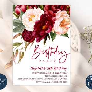 modello di invito di compleanno floreale rosso e rosa, invito bordeaux e rosa, inviti di compleanno floreali, compleanno per adulti, compleanno per donne