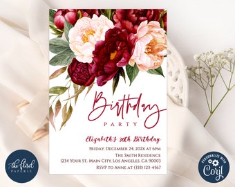 modèle d'invitation d'anniversaire floral rouge et rose, invitation bordeaux et blush, invitations d'anniversaire florales, anniversaire d'adulte, anniversaire de femme