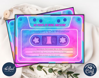 Geburtstagseinladung im Stil der 80er-Jahre-Kassette, bearbeitbare Einladungsvorlage aus den 1980er-Jahren (Digitaler Download)