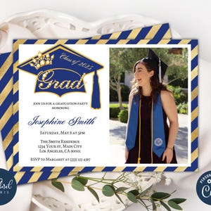 graduation party invitation template, editable blue and gold graduation party invites, class of 2025, graduation invitation with photo