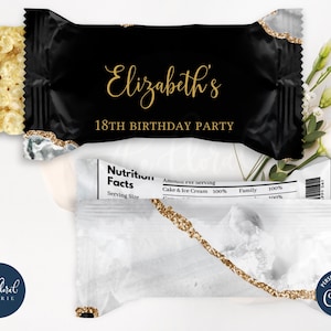 modèle d&#39;emballage de riz krispies noir et blanc, emballage de riz croustillant modifiable, étiquettes imprimables de régal de riz krispies, cadeaux d&#39;anniversaire TFP28