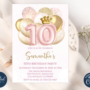 10th birthday invitation template, editable blush and gold princess birthday invites, balloons birthday party invites, girl birthday party