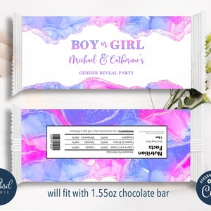 gender reveal chocolate wrapper template, editable candy bars wrapper, blue and pink chocolate bar wrappers, gender reveal party favor tfp47