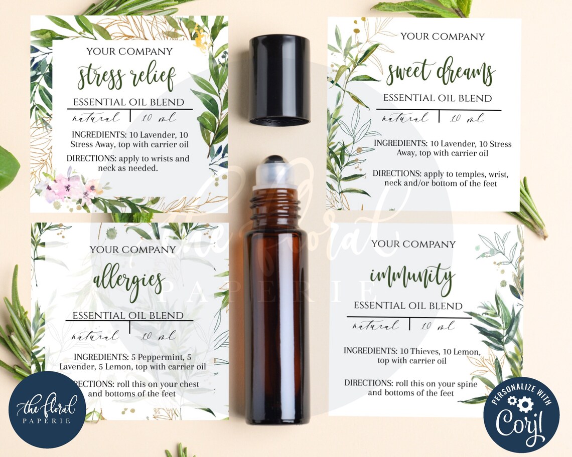 Essential oil label template printable greenery essential oil | Etsy