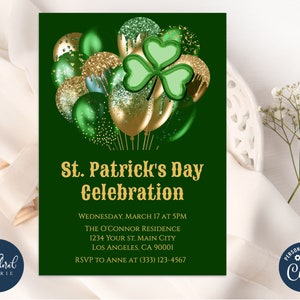 St. Patricks Day party invitation template, editable St Paddys Day invites, printable shamrock invitation, green and gold St Patrick invites