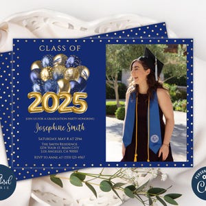 graduation party invitation template, editable navy blue and gold graduation party invites, class of 2025, graduation invitation with photo
