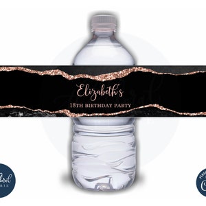 black and rose gold water bottle label template, editable agate water bottle stickers, birthday favors, bottle labels, water bottle wrapper