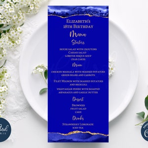 koningsblauwe en gouden menukaartsjabloon, bewerkbare evenementmenukaart, afdrukbare menukaart, dinermenukaart, agaatmenukaart, blauwe menukaart TFP50