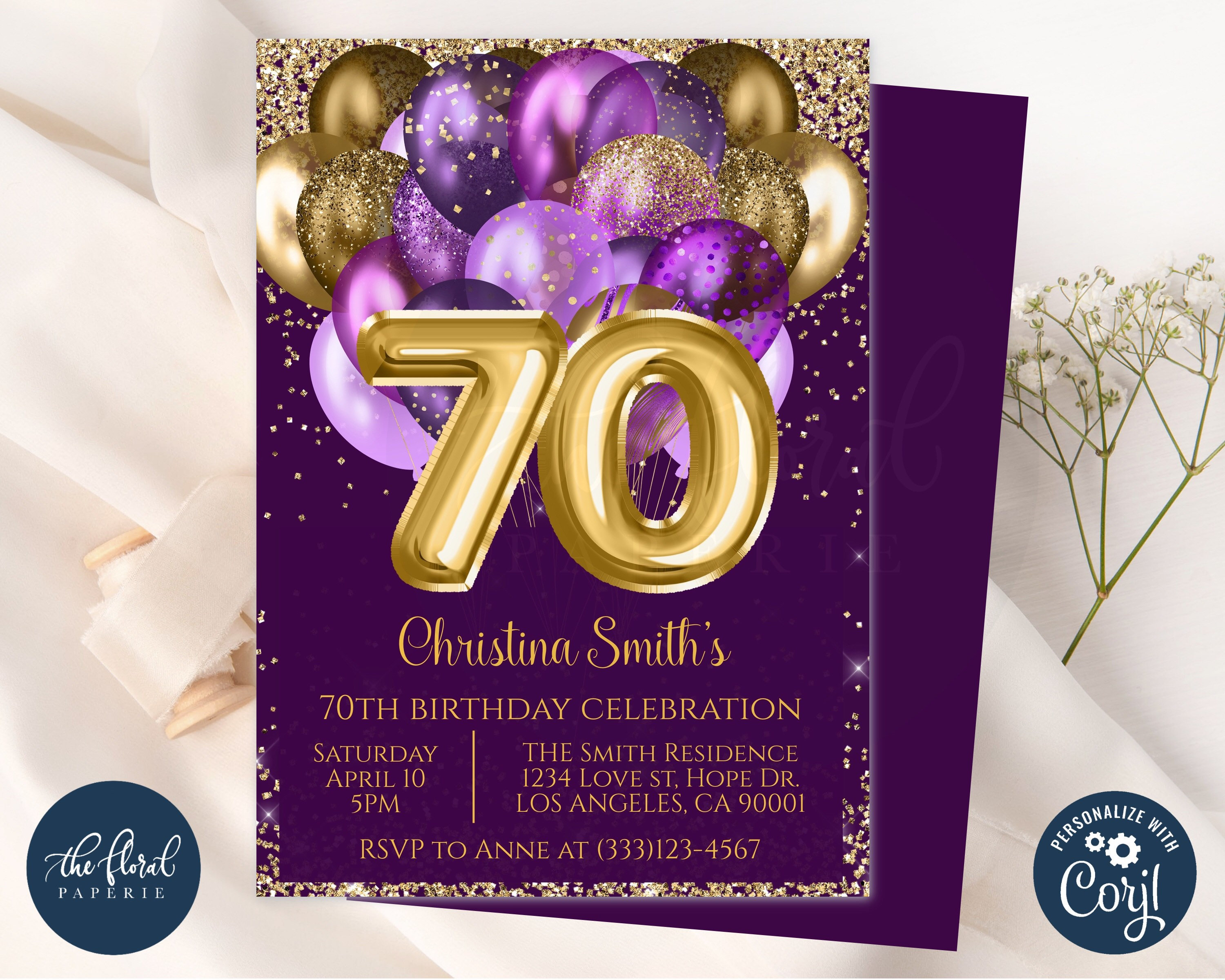 Titanium Gold And White 70Th Personalised Birthday Party Invitations 
