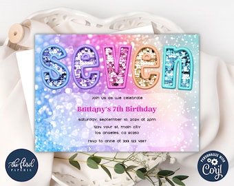 Sequin 7th Birthday Invitation Template, Seven Girl Party Invite (Digital Download)