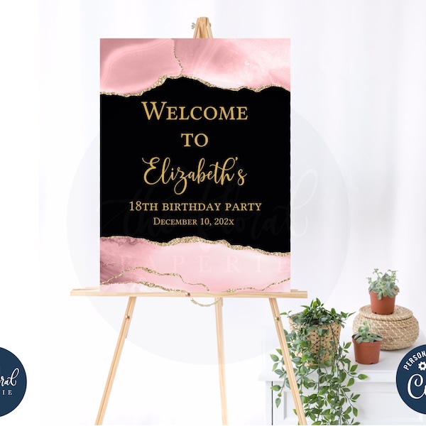 blush and black birthday Welcome Sign template, printable birthday welcome sign poster, adult birthday, blush and black party decor TFP30