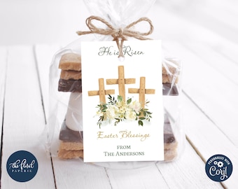 He Is Risen Easter Gift Tags, Easter Sunday Cross Favor Tag Template (Digital Download)