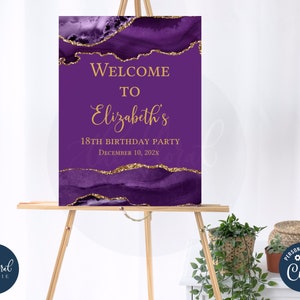 purple and gold birthday Welcome Sign template, printable birthday welcome sign poster, adult birthday, purple and gold party decor TFP04