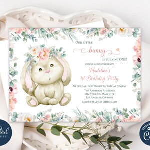 bunny birthday invitation template, editable bunny birthday invites, girl birthday party invitation, easter bunny birthday party