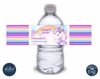 unicorn water bottle label template, editable water bottle wrap, printable girl birthday bottle labels, unicorn birthday water bottle labels