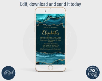 Teal and Gold Agate Birthday Invitation Template (Electronic)