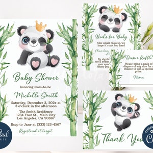 modelo de convite para chá de bebê panda, conjunto de convites para chá de bebê de menina, pacote de convites para chá de bebê panda, convites panda, panda bambu